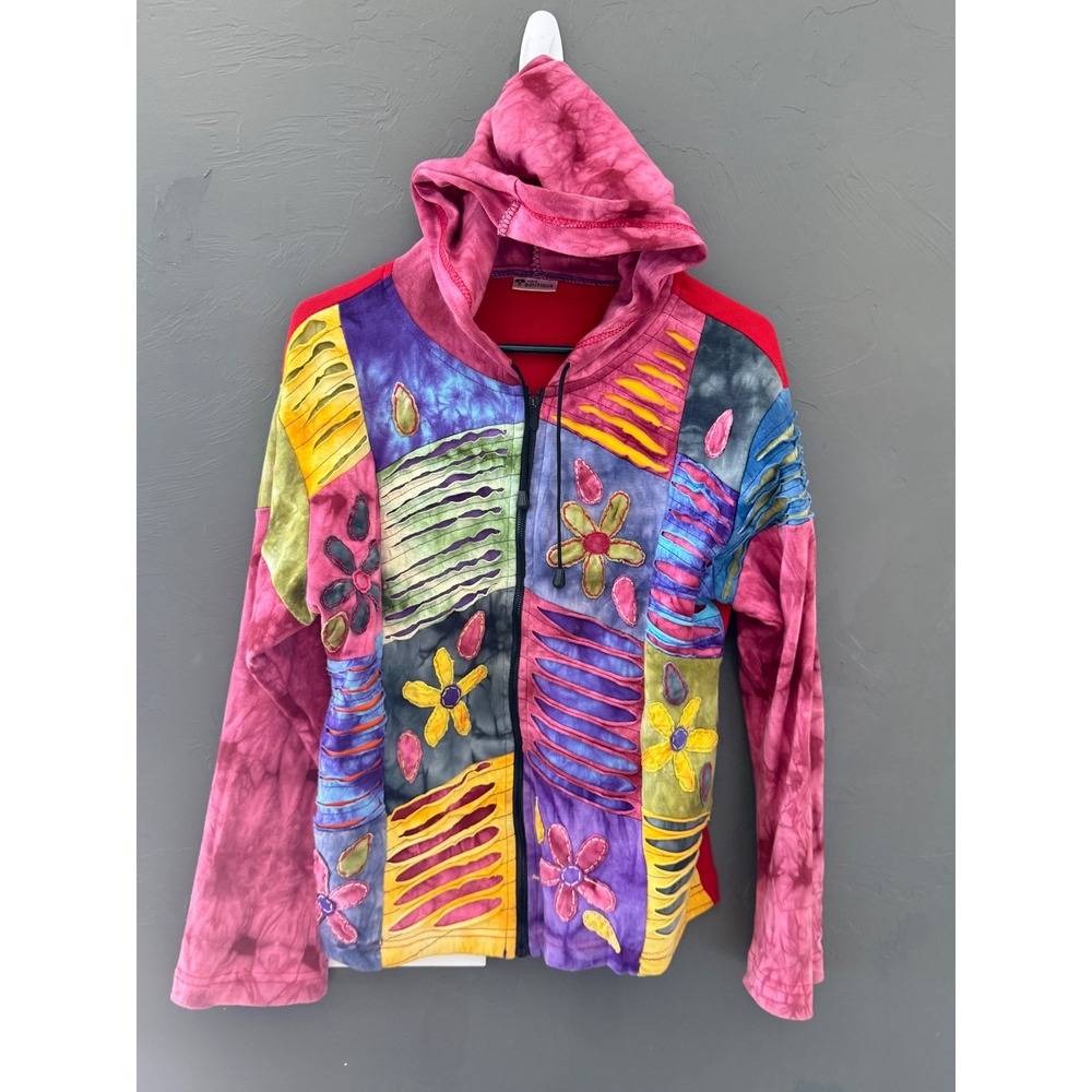 India Boutique Womens Patchwork Tie Dye Floral Boho Hippie Zip Up Hoodie Rainbow